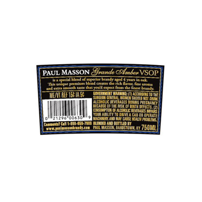 Paul Masson Brandy Grande Amber Vsop 4 Yr 80 - 750ML - Back Label