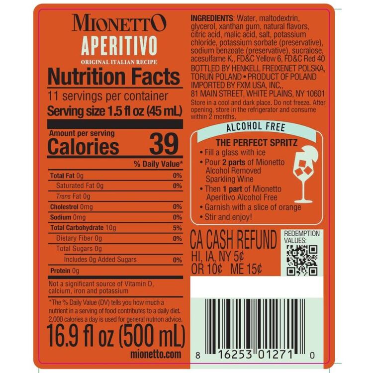 Mionetto Aperitivo Alcohol Free - 500ML - Back Label