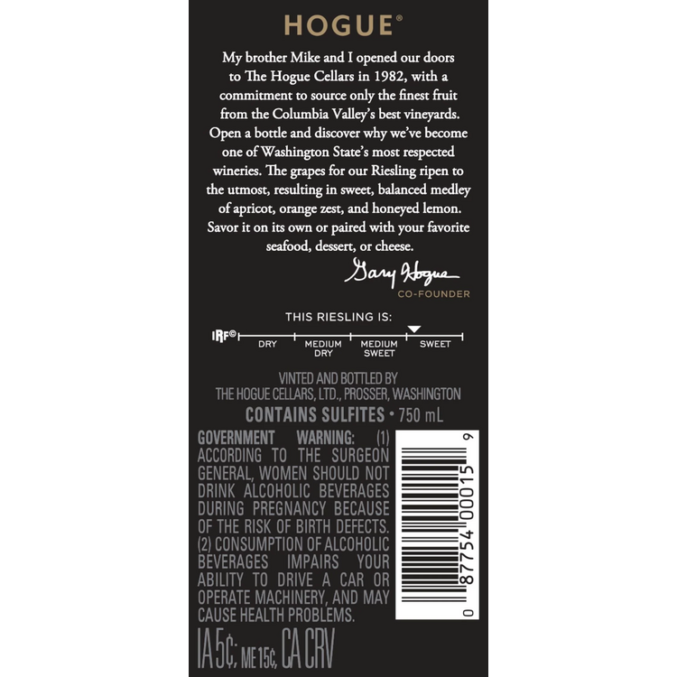 The Hogue Cellars Sweet Riesling Columbia Valley - 750ML - Back Label