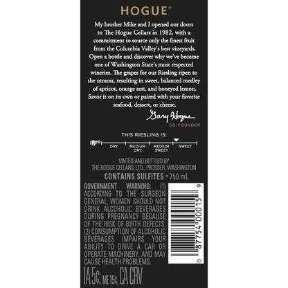The Hogue Cellars Sweet Riesling Columbia Valley - 750ML - Back Label
