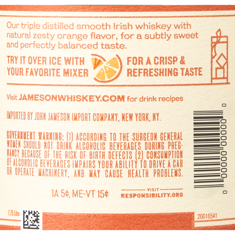 Jameson Orange Flavored Whiskey 60 - 1.75L - Back Label