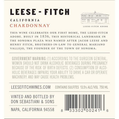 Leese Fitch Chardonnay California - 750ML - Back Label