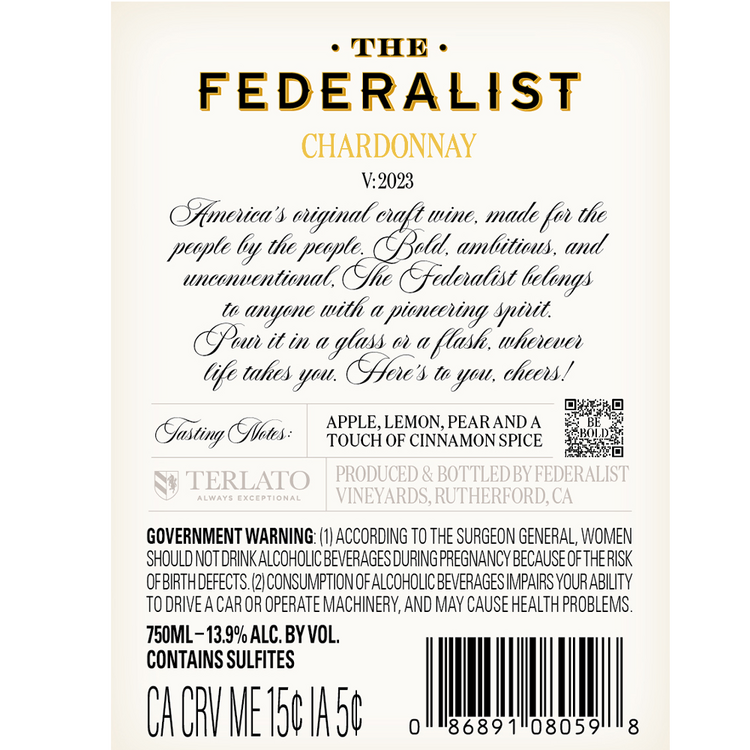 The Federalist Chardonnay Santa Barbara County - 750ML - Back