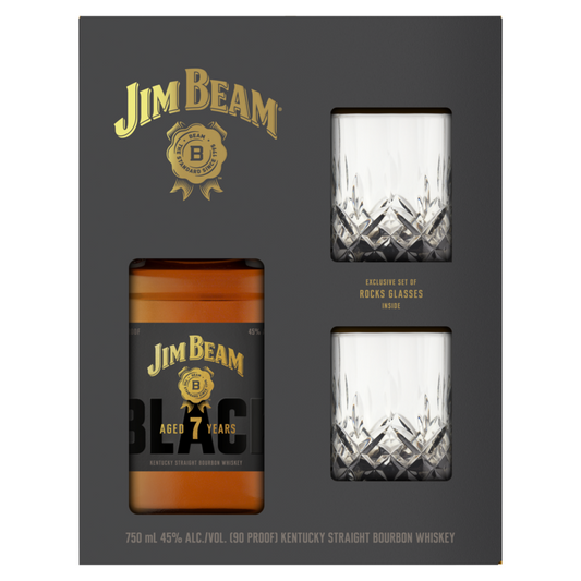 Jim Beam Straight Bourbon Black 7 Yr 90 W/ 2 Smokey Rock Glasses - 750ML - Front