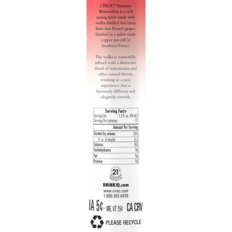 Ciroc Watermelon Flavored Vodka Summer Watermelon Limited Edition 70 - 750ML - Back Label