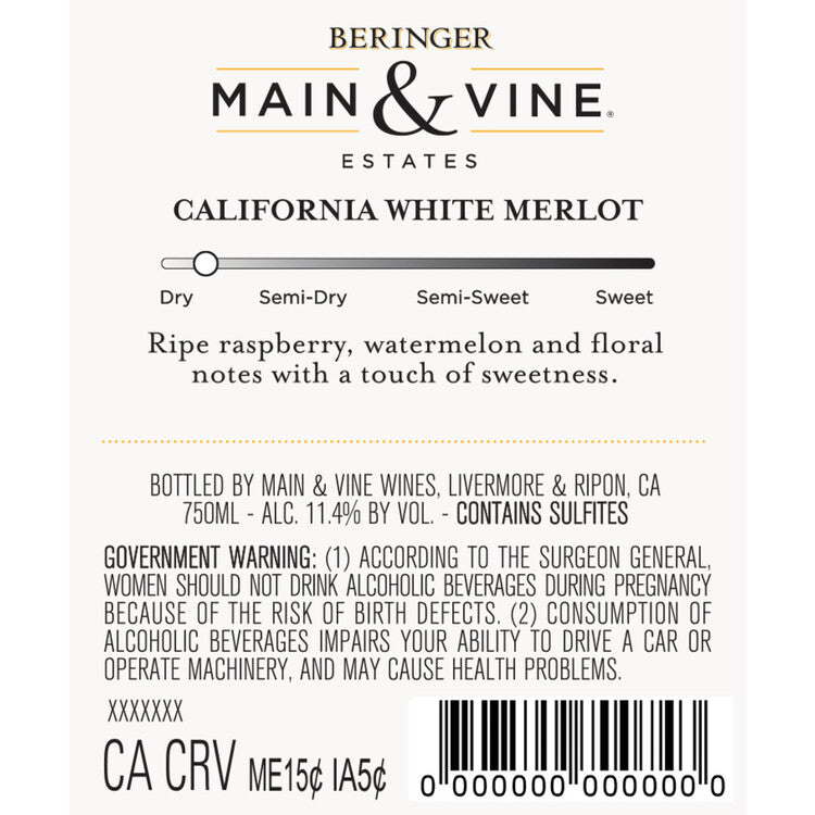 Beringer Main & Vine White Merlot California - 750ML - Back Label
