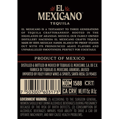 El Mexicano Tequila Blanco 90 - 750ML - Back Label