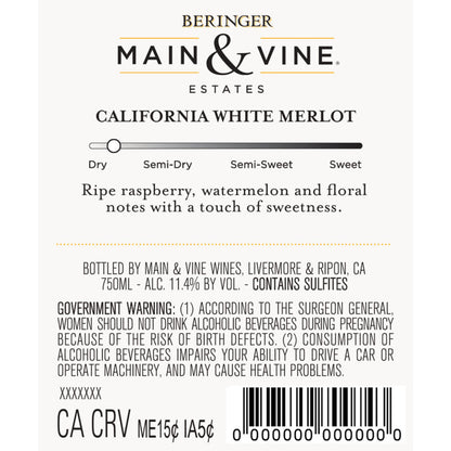 Beringer Main & Vine White Merlot California - 750ML - Back