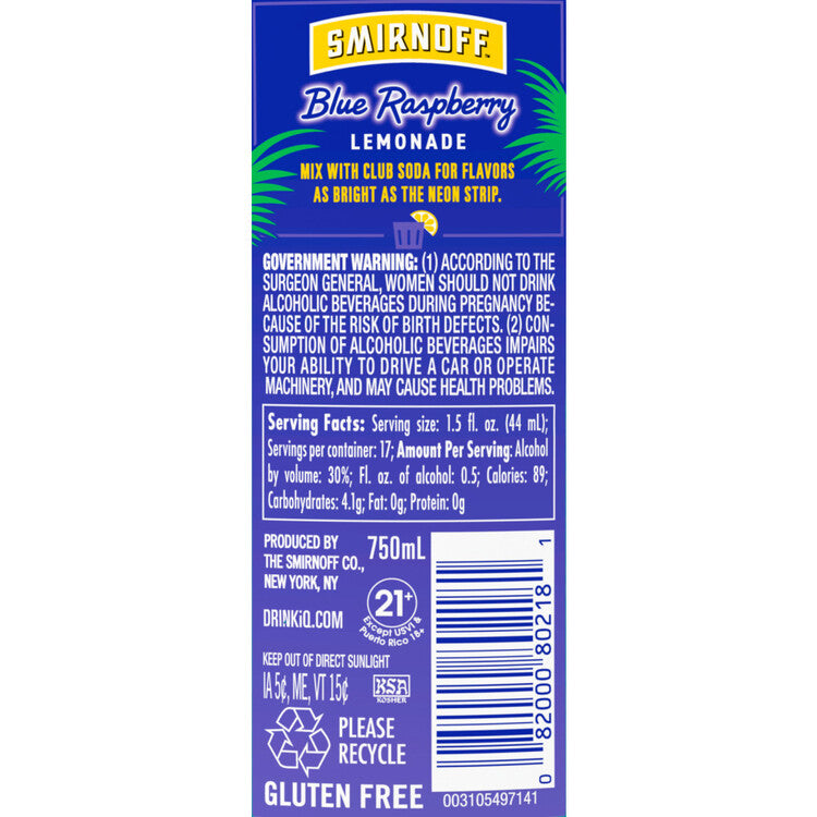 Smirnoff Raspberry Flavored Vodka Blue Raspberry Lemonade 60 - 750ML - Back Label