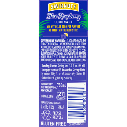 Smirnoff Raspberry Flavored Vodka Blue Raspberry Lemonade 60 - 750ML - Back Label