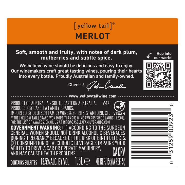 Yellow Tail Merlot South Eastern Australia - 1.5L - Back Label