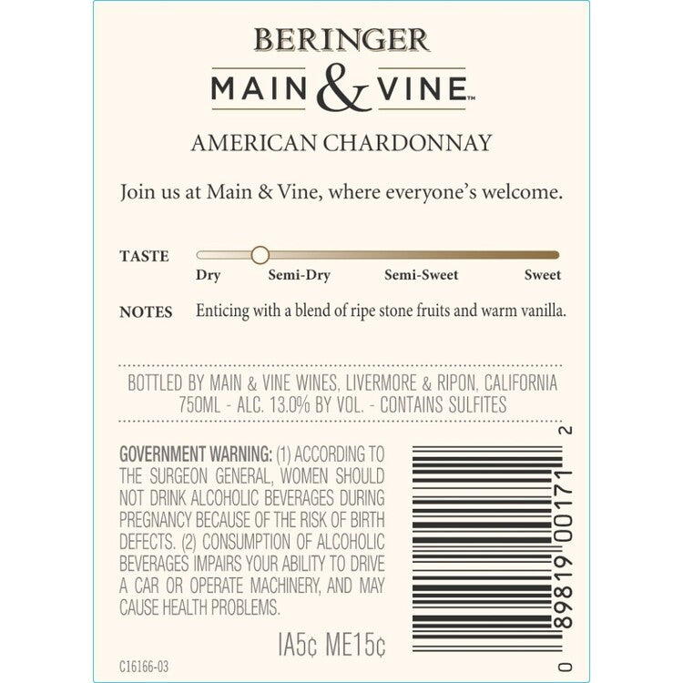 Beringer Main & Vine Chardonnay Napa Valley - 750ML - Back Label