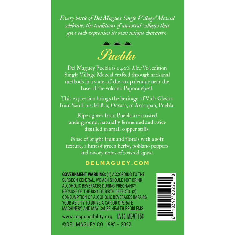 Del Maguey Mezcal Vida Single Village Puebla 80 - 750ML - Back Label