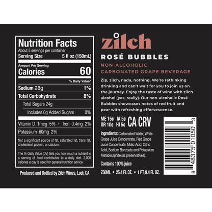 Zilch Rose Bubbles California Non Alcoholic - 750ML - Back Label