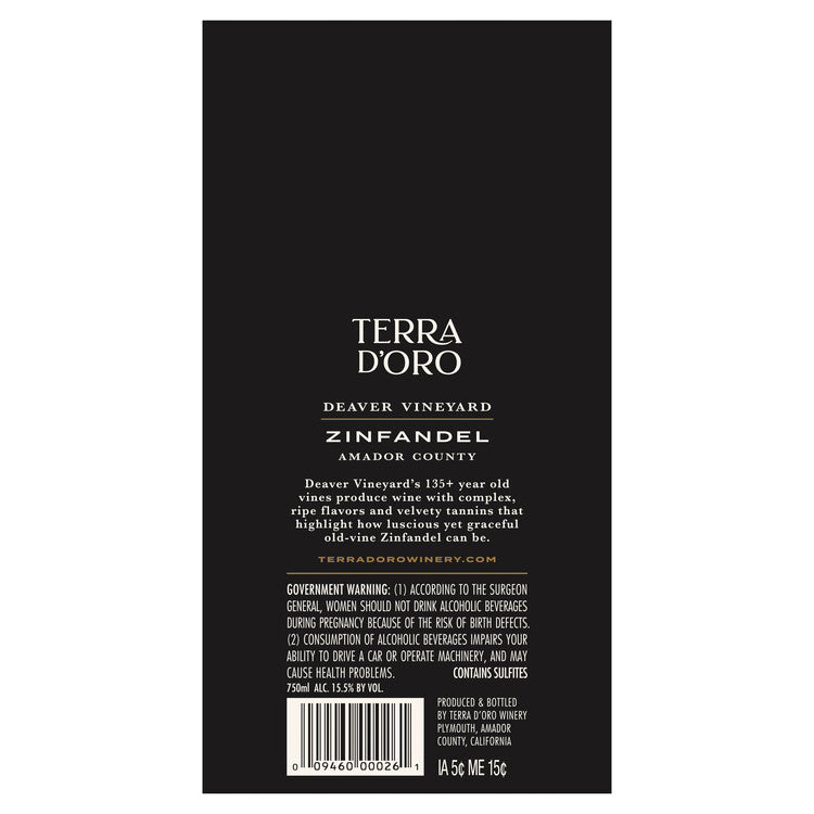 Terra D'Oro Zinfandel 125 Year Old Vines Deaver Vineyard Amador County - 750ML - Back Label