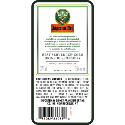 Jagermeister Herbal Liqueur 70 - 375ML - Back Label