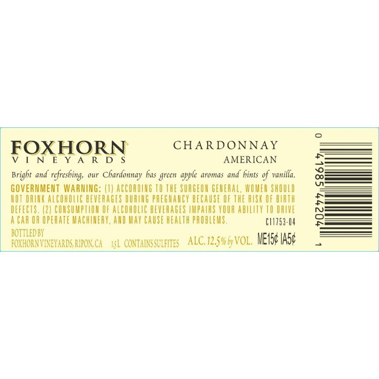 Foxhorn Chardonnay International - 1.5L - Back