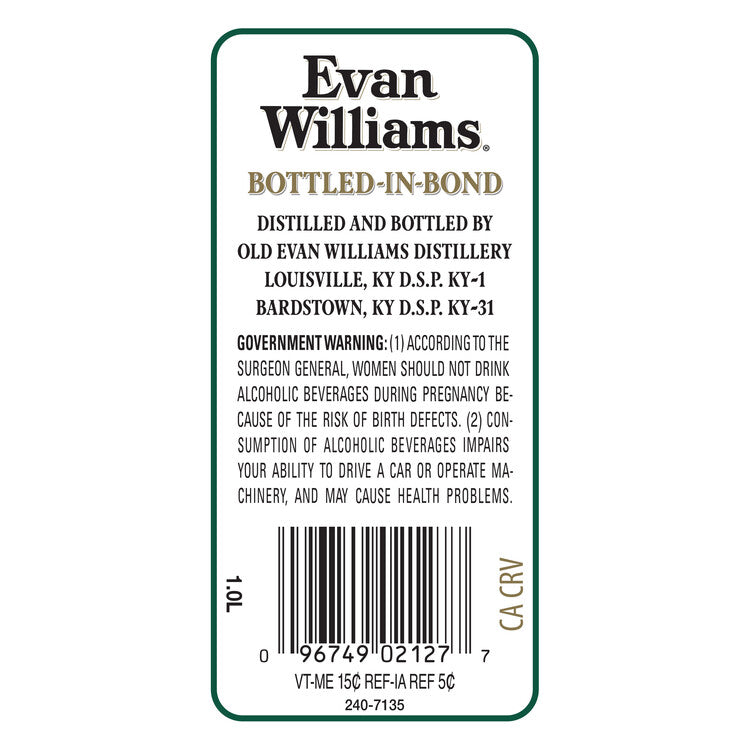 Evan Williams Straight Bourbon White Label Bottled In Bond 100 - 1.0L - Back Label