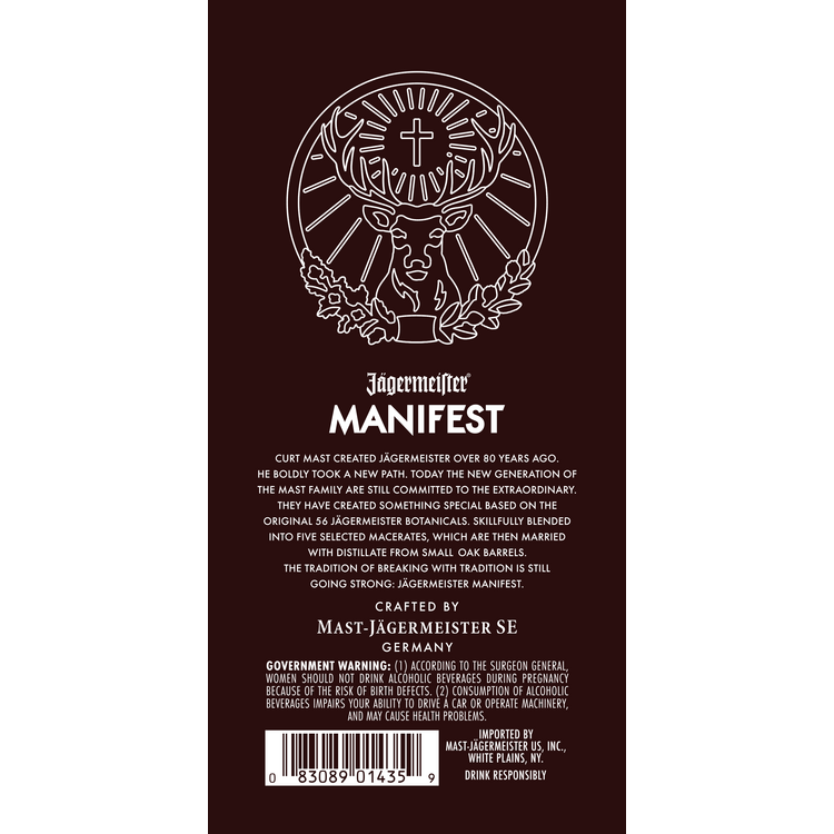 Jagermeister Herbal Liqueur Manifest 76 - 1.0L - Back Label