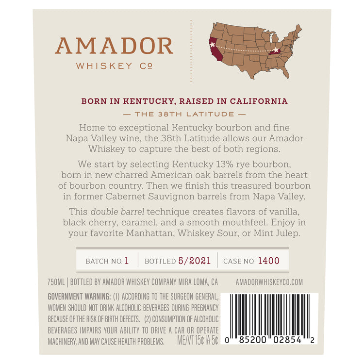 Amador Whiskey Co. Bourbon Double Barrel Cabernet Barrel Finished 90 - 750ML - Back Label