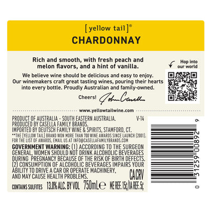 Yellow Tail Chardonnay South Eastern Australia - 750ML - Back Label