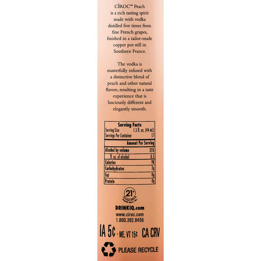 Ciroc Peach Flavored Vodka 70 - 750ML - Back Label