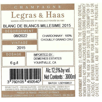 Legras & Haas Champagne Brut Blanc De Blancs Millesime Grand Cru 2015 - 3.0L