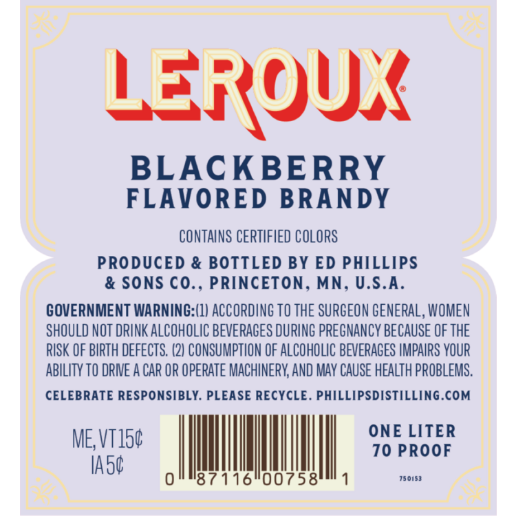 Leroux Blackberry Brandy Liqueur 70 - 1.0L - Back Label