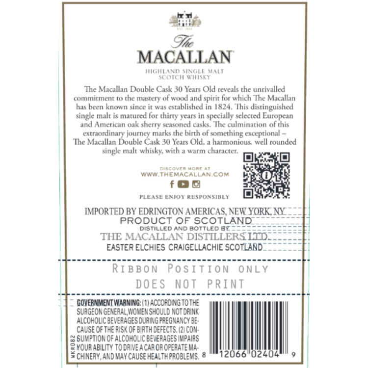 The Macallan Single Malt Scotch Double Cask 30 Yr 86 - 750ML - Back Label