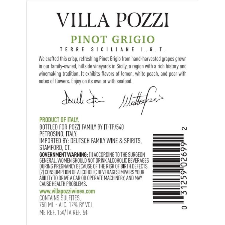 Villa Pozzi Pinot Grigio Terre Siciliane - 750ML - Back