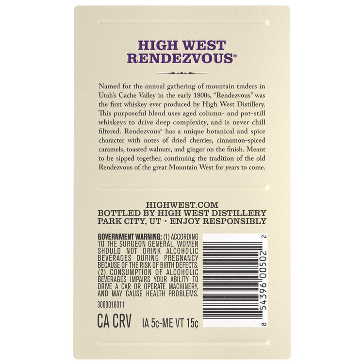 High West Rye Whiskey Rendezvous Rye 92 - 750ML - Front