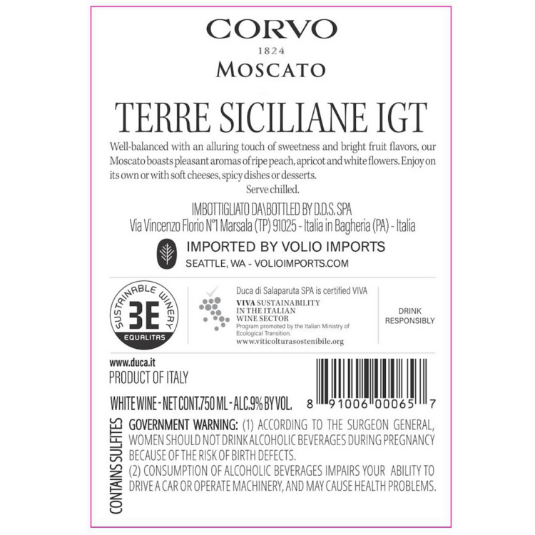 Corvo Moscato Terre Siciliane - 750ML - Back Label