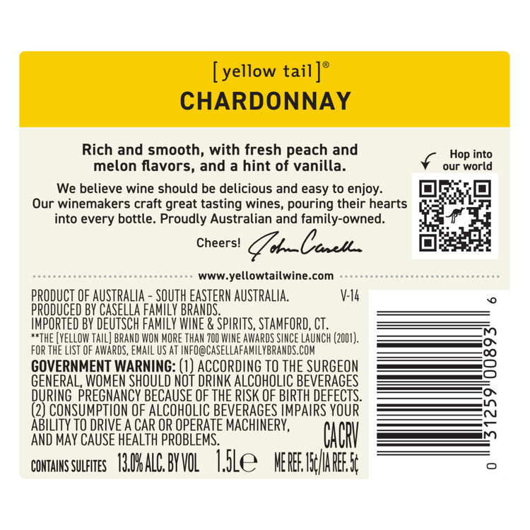 Yellow Tail Chardonnay South Eastern Australia - 1.5L - Back Label