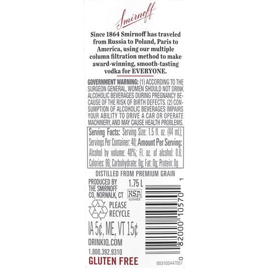 Smirnoff Vodka 80 - 1.75L - Back Label