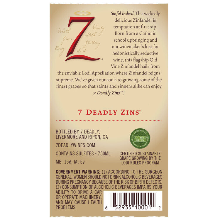 Seven Deadly Zinfandel Old Vine Lodi - 750ML - Back Label