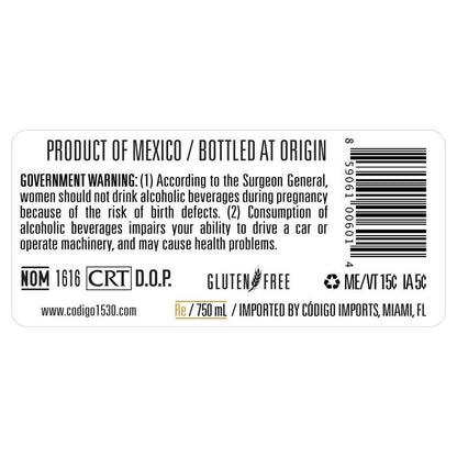 Codigo 1530 Tequila Reposado 80 - 750ML - Back Label