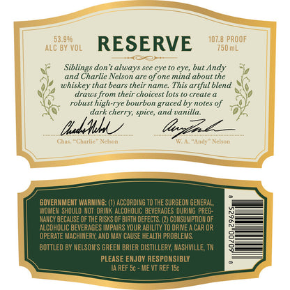 Nelson Bros Blended Bourbon Reserve 107.8 - 750ML - Back Label
