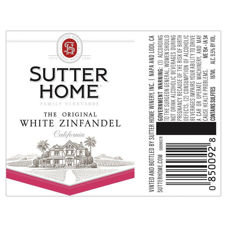 Sutter Home Zinfandel White Zinfandel California - 187ML - Front Label