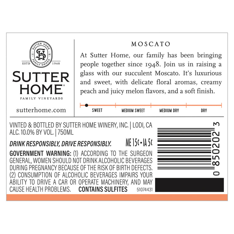 Sutter Home Moscato California - 750ML - Back Label