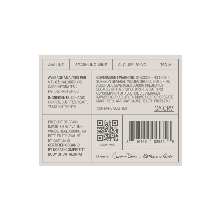 Avaline Sparkling Wine Spain Made With Organic Grapes - 750ML - Back Label