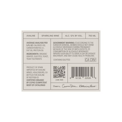 Avaline Sparkling Wine Spain Made With Organic Grapes - 750ML - Back Label