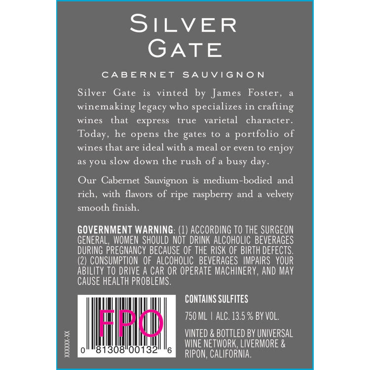 Silver Gate Vineyards Cabernet Sauvignon California - 750ML - Back Label