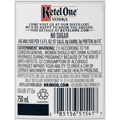 Ketel One Vodka 80 - 750ML - Back Label