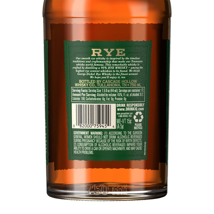 George Dickel Rye Whiskey Small Batch 90 - 750ML - Back Label