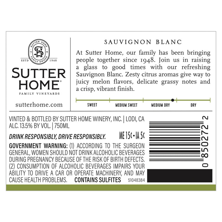 Sutter Home Sauvignon Blanc California - 750ML - Back Label
