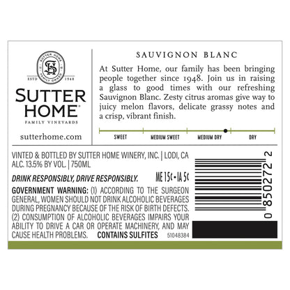 Sutter Home Sauvignon Blanc California - 750ML - Back Label