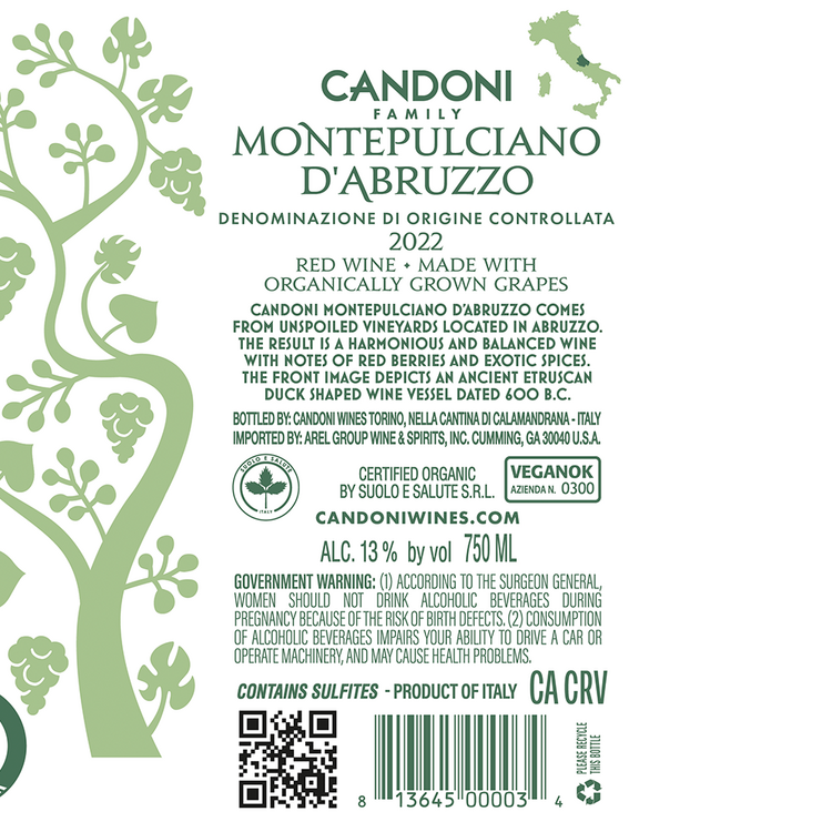 Candoni Montepulciano D'Abruzzo - 750ML - Back Label