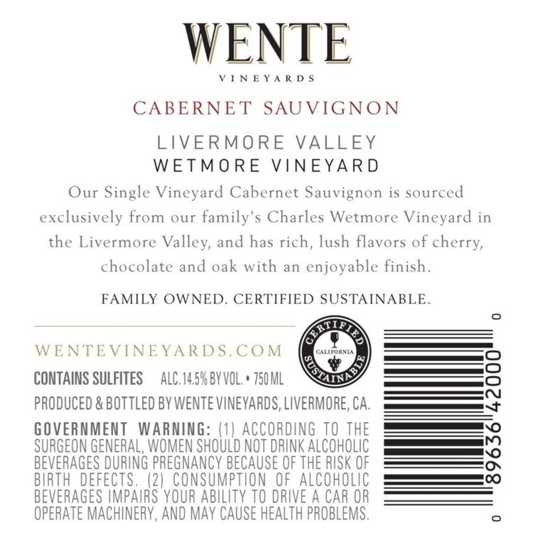 Wente Vineyards Cabernet Sauvignon Wetmore Livermore Valley - 750ML