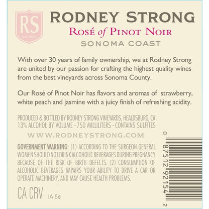 Rodney Strong Pinot Noir Rose Sonoma Coast 2024 - 750ML - Back Label