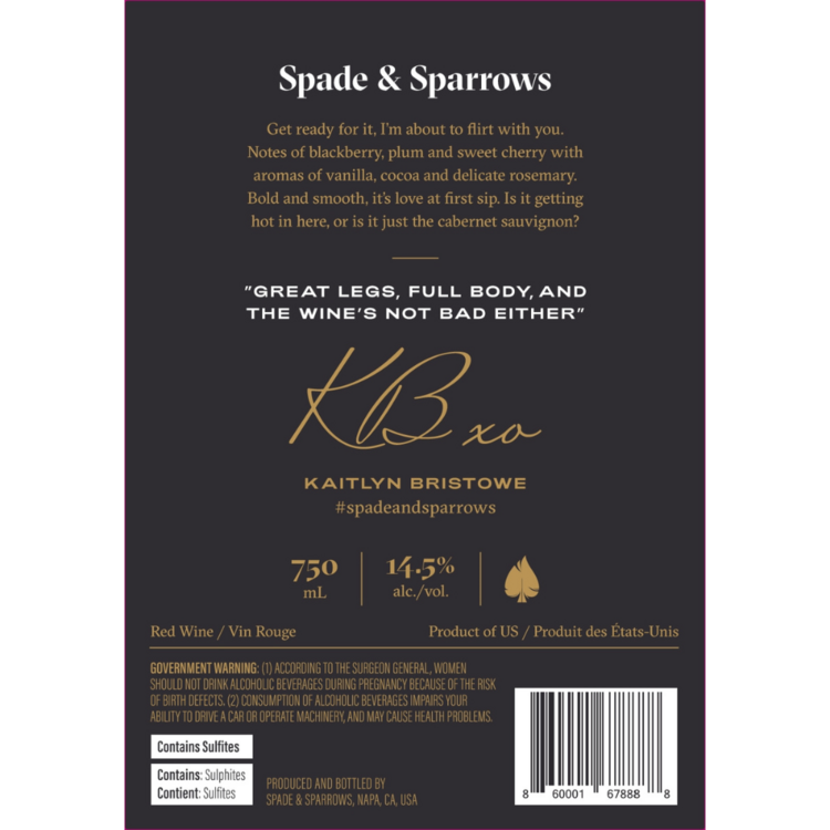Spade & Sparrows Cabernet Sauvignon California - 750ML - Back Label
